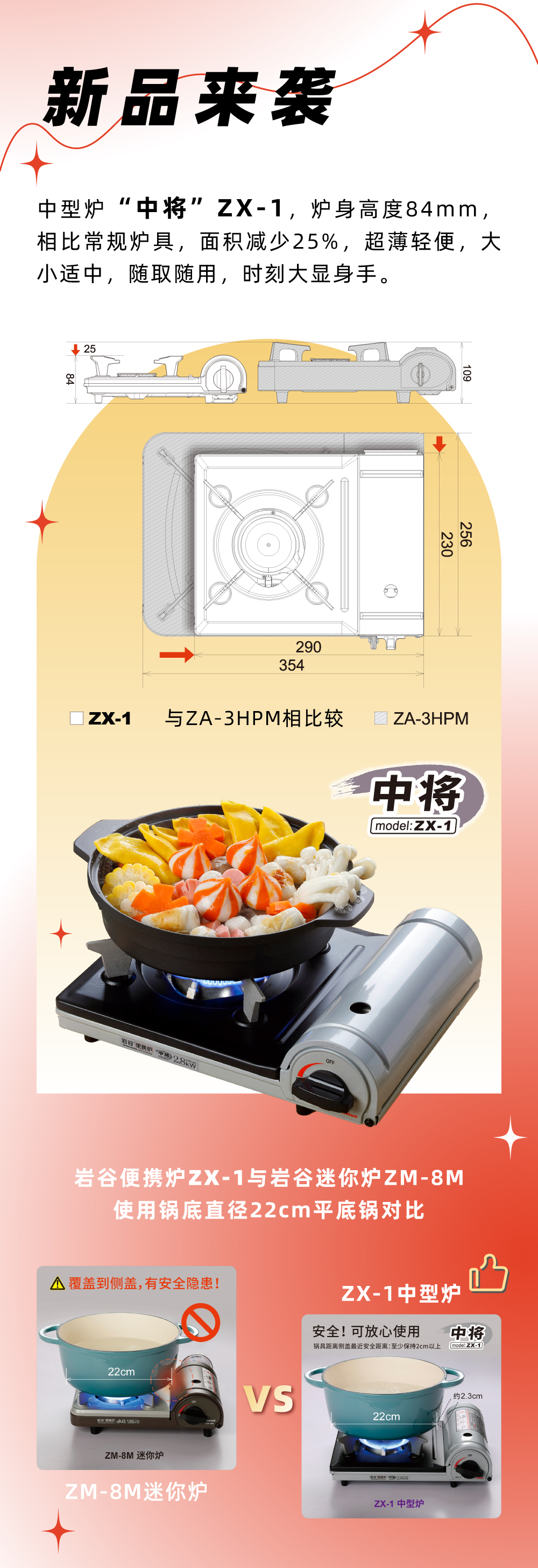 杏彩网站便携炉ZX-1，炉身高度84mm，相比常规炉具，面积减少25%，
超薄轻便，大小适中，随取随用，时刻大显身手。